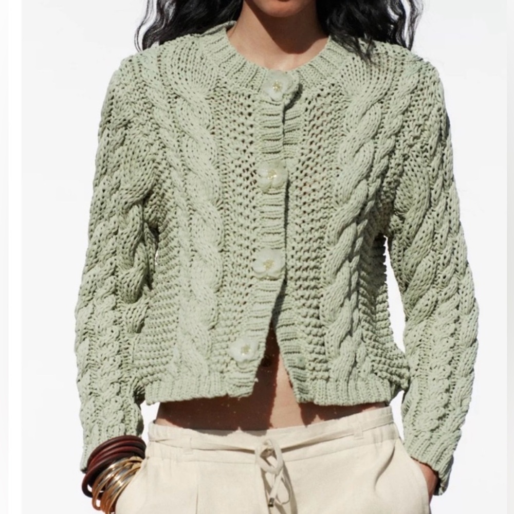 Zara Mint Green  Cable Knit Button-Up Cardigan